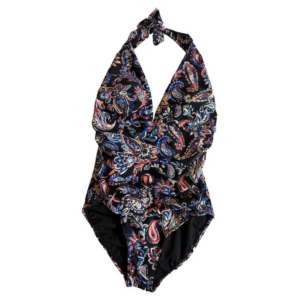 Time True M (8-10) One Piece Halter Swimsuit Black,Blue,White Paisley NWOT-591